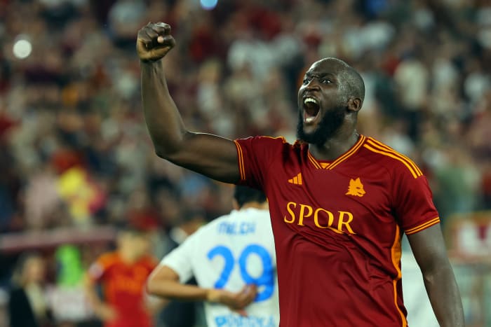 Romelu Lukaku pictured celebrating after scoring his first goal for Roma in a 7-0 win over Empoli